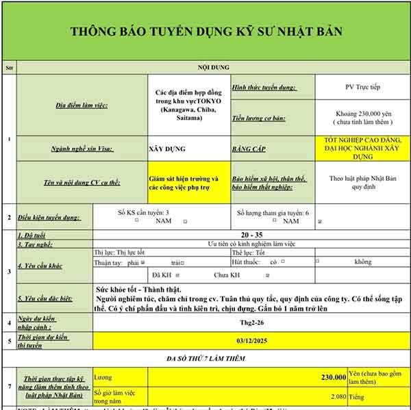 đơn hàng đi Nhật tuyển kỹ sư